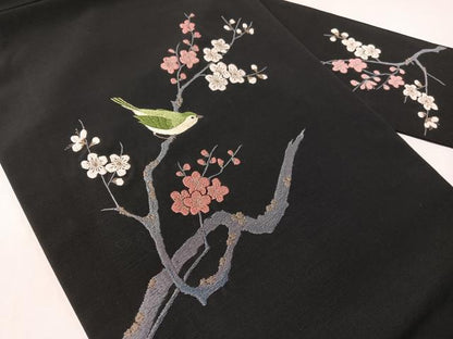 平和屋着物●総刺繍　九寸名古屋帯　枝梅鳥文　黒地　金銀糸　CABI4245vp