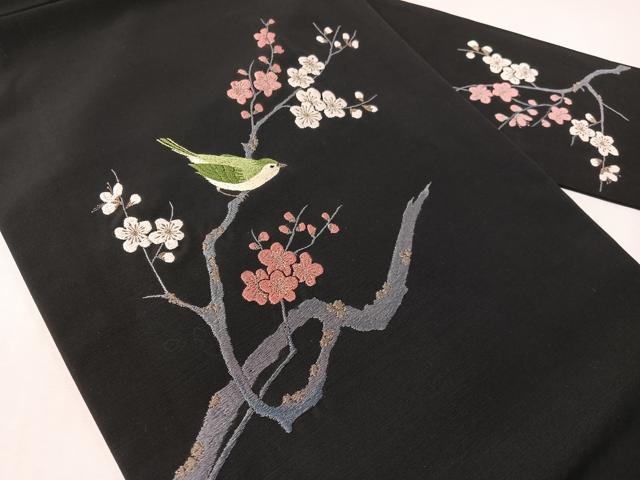 平和屋着物●総刺繍　九寸名古屋帯　枝梅鳥文　黒地　金銀糸　CABI4245vp
