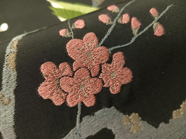平和屋着物●総刺繍　九寸名古屋帯　枝梅鳥文　黒地　金銀糸　CABI4245vp