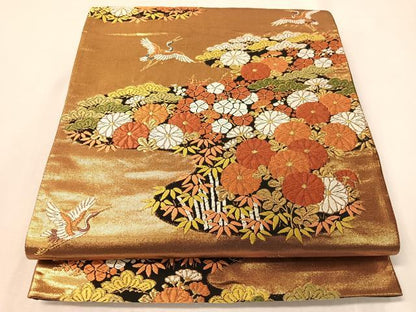 平和屋着物●西陣　河合美術織物謹製　六通柄袋帯　唐織　松竹梅飛鶴文　金糸　正絹　逸品　CABI4258vp