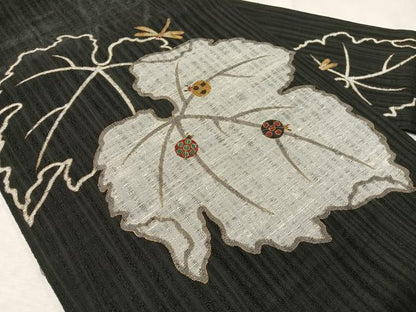 平和屋着物▽九寸名古屋帯　スリーシーズン　春夏秋　てんとう虫　トンボ　黒地　金彩　正絹　逸品　CABI4266vp