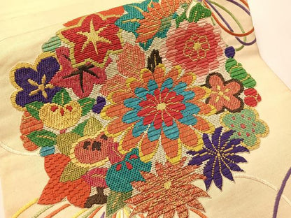 平和屋着物●アンティーク　大正ロマン　総刺繍　絽刺し　区限刺繍　太鼓柄袋帯　束ね花文　金銀糸　正絹　逸品　CABI4269vp