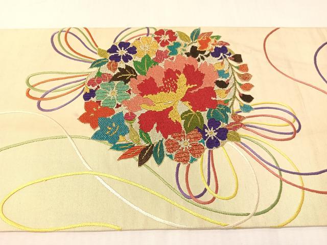 平和屋着物●アンティーク　大正ロマン　総刺繍　絽刺し　区限刺繍　太鼓柄袋帯　束ね花文　金銀糸　正絹　逸品　CABI4269vp