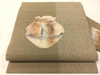 平和屋着物●九寸名古屋帯　紬地　ろうけつ染め　陶器文　正絹　逸品　CABI4273vp