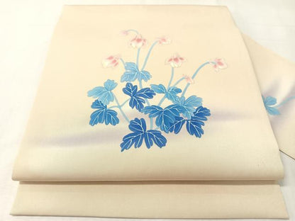 平和屋着物●塩瀬　九寸名古屋帯　手描き　草花文　正絹　逸品　CABI4290vp