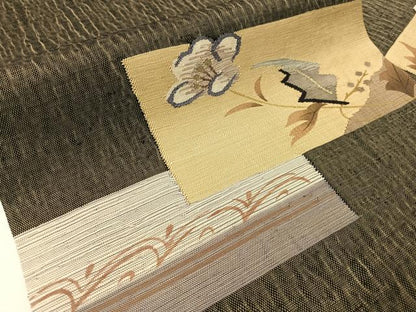 平和屋着物●九寸名古屋帯 紬地 すくい織 色紙花文 金糸 正絹 逸品 CABI4294vp