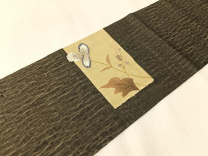 平和屋着物●九寸名古屋帯 紬地 すくい織 色紙花文 金糸 正絹 逸品 CABI4294vp