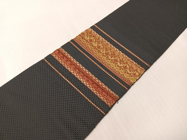 平和屋着物●本場筑前博多織　八寸名古屋帯　リボン織　幾何学文様　黒地　金銀糸　正絹　逸品　CABI4297vp