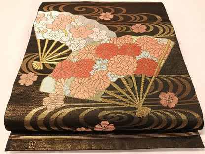 平和屋着物●西陣　川島織物　六通柄　本袋帯　唐織　流水扇面花文　金糸　正絹　逸品　CABI4299vp