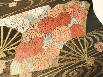 平和屋着物●西陣　川島織物　六通柄　本袋帯　唐織　流水扇面花文　金糸　正絹　逸品　CABI4299vp