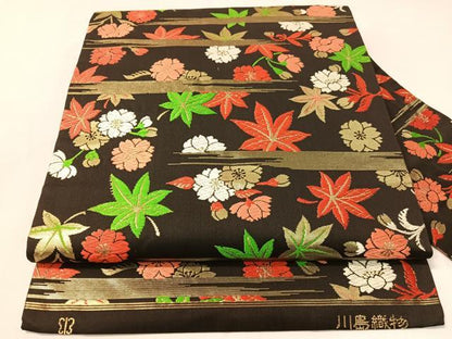 平和屋着物●西陣 川島織物 九寸名古屋帯 唐織 霞草花文 黒地 金糸 正絹 逸品 CABI4303vp