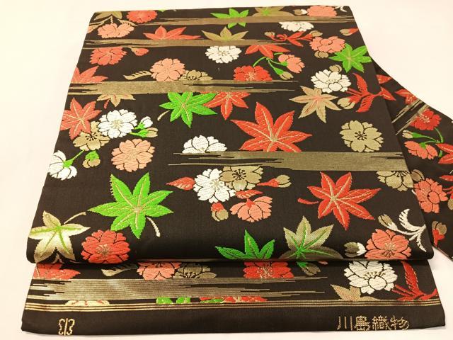 平和屋着物●西陣 川島織物 九寸名古屋帯 唐織 霞草花文 黒地 金糸 正絹 逸品 CABI4303vp