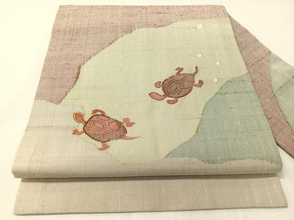平和屋着物●九寸名古屋帯 紬地 刺繍 亀 金糸 反端付き 正絹 逸品 CABI4305vp