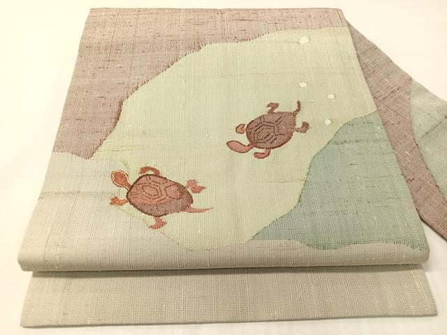 平和屋着物●九寸名古屋帯 紬地 刺繍 亀 金糸 反端付き 正絹 逸品 CABI4305vp