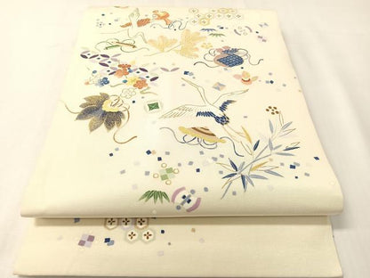 平和屋着物●塩瀬　九寸開き名古屋帯　宝尽くし飛鶴文　銀通し地　正絹　逸品　CABI4335vp