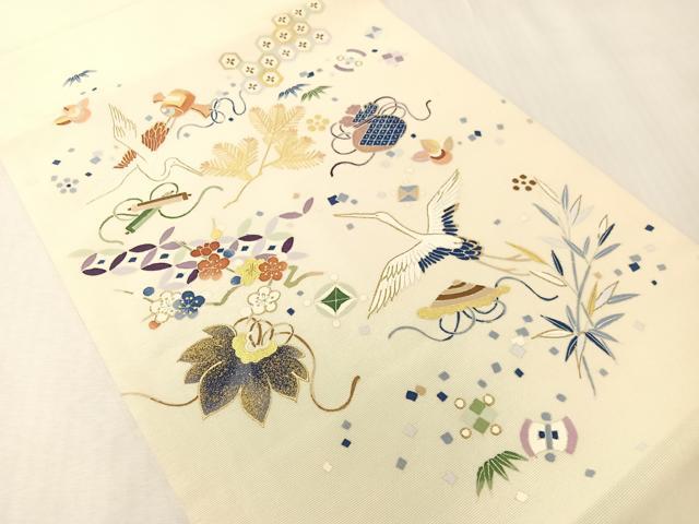 平和屋着物●塩瀬　九寸開き名古屋帯　宝尽くし飛鶴文　銀通し地　正絹　逸品　CABI4335vp