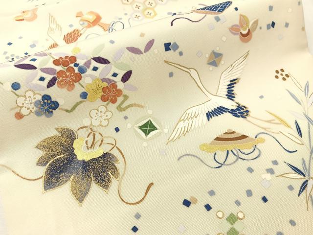 平和屋着物●塩瀬　九寸開き名古屋帯　宝尽くし飛鶴文　銀通し地　正絹　逸品　CABI4335vp