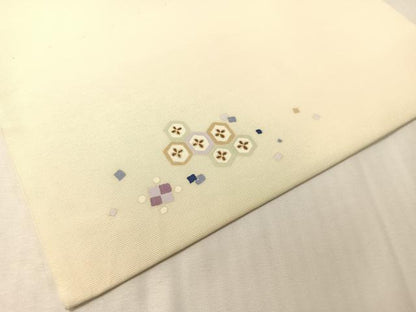 平和屋着物●塩瀬　九寸開き名古屋帯　宝尽くし飛鶴文　銀通し地　正絹　逸品　CABI4335vp