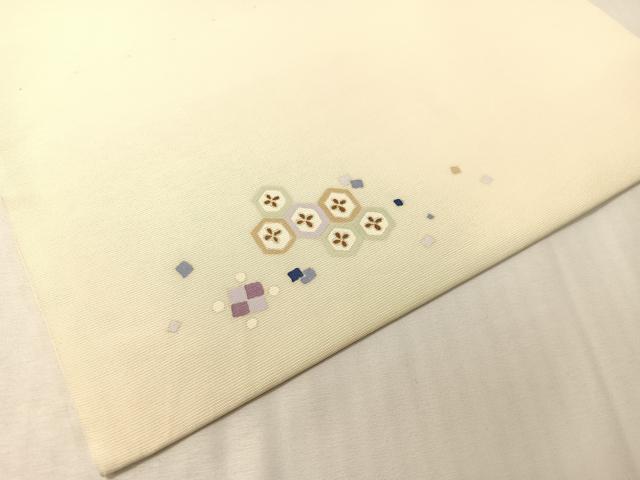 平和屋着物●塩瀬　九寸開き名古屋帯　宝尽くし飛鶴文　銀通し地　正絹　逸品　CABI4335vp