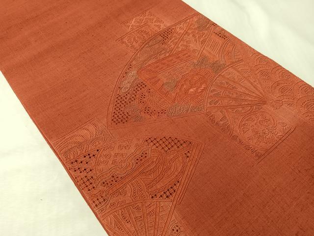 平和屋着物●中国三大刺繍　スワトウ相良刺繍　総刺繍　太鼓柄袋帯　紬地　扇面御所車花文　正絹　逸品　CABI4343vp