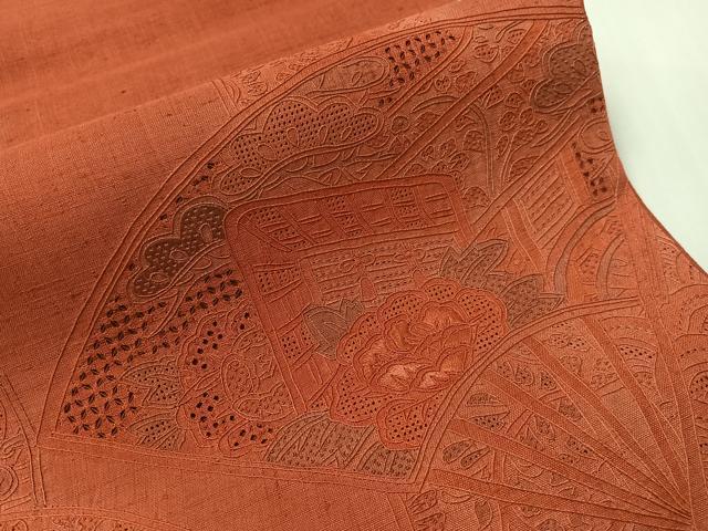 平和屋着物●中国三大刺繍　スワトウ相良刺繍　総刺繍　太鼓柄袋帯　紬地　扇面御所車花文　正絹　逸品　CABI4343vp