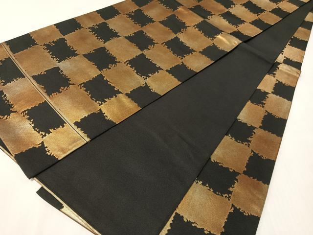 平和屋着物●全通柄　本袋帯　市松文様　黒地　金彩　正絹　逸品　CABI4346vp