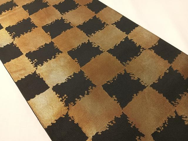 平和屋着物●全通柄　本袋帯　市松文様　黒地　金彩　正絹　逸品　CABI4346vp
