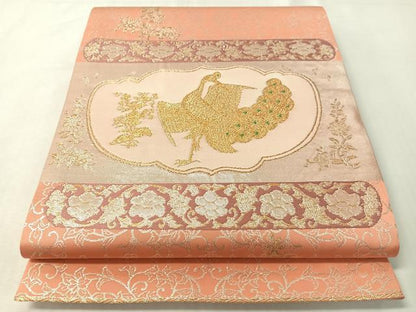 平和屋着物●龍村晋謹製　全通柄袋帯　金色孔雀文錦　金銀糸　正絹　逸品　未使用　CABI4355vp
