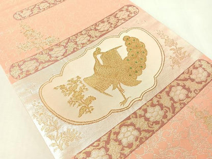 平和屋着物●龍村晋謹製　全通柄袋帯　金色孔雀文錦　金銀糸　正絹　逸品　未使用　CABI4355vp