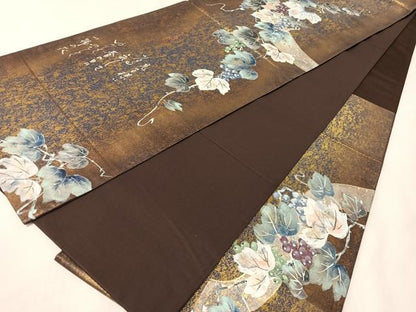 平和屋着物●六通柄袋帯　作家物　手描き　葡萄蔦の葉鳥文　金銀彩　引箔　正絹　逸品　CABI4356vp