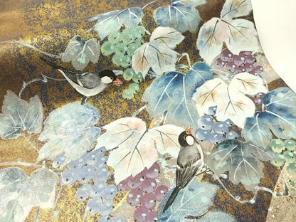 平和屋着物●六通柄袋帯　作家物　手描き　葡萄蔦の葉鳥文　金銀彩　引箔　正絹　逸品　CABI4356vp