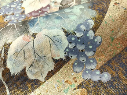 平和屋着物●六通柄袋帯　作家物　手描き　葡萄蔦の葉鳥文　金銀彩　引箔　正絹　逸品　CABI4356vp