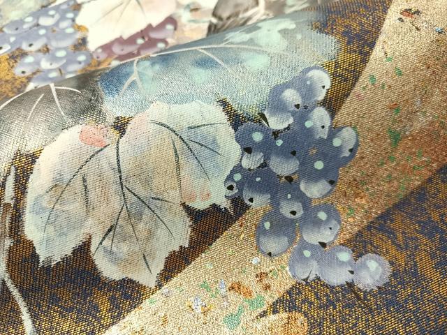 平和屋着物●六通柄袋帯　作家物　手描き　葡萄蔦の葉鳥文　金銀彩　引箔　正絹　逸品　CABI4356vp
