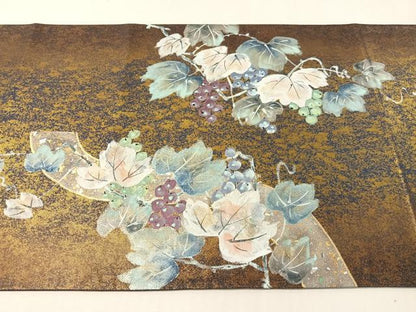 平和屋着物●六通柄袋帯　作家物　手描き　葡萄蔦の葉鳥文　金銀彩　引箔　正絹　逸品　CABI4356vp