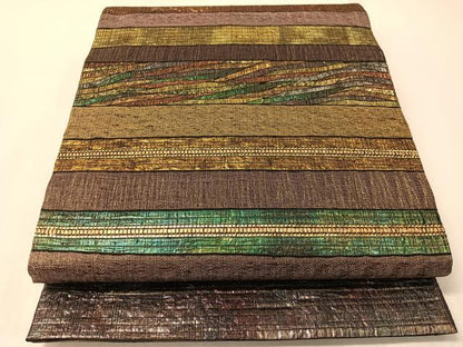 平和屋着物●両面　全通柄袋帯　櫛織　横段文　金糸　正絹　逸品　CABI4359vp