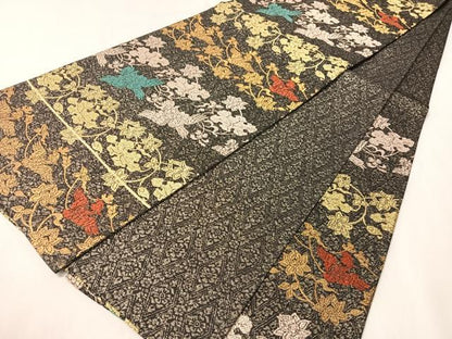 平和屋着物●六通柄袋帯　四季しまつづれ　飛鳥花文　黒地　金糸　正絹　逸品　未使用　CABI4378vp