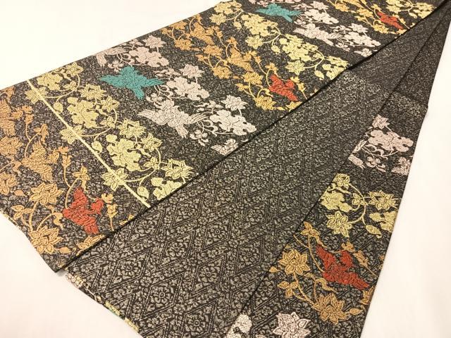平和屋着物●六通柄袋帯　四季しまつづれ　飛鳥花文　黒地　金糸　正絹　逸品　未使用　CABI4378vp