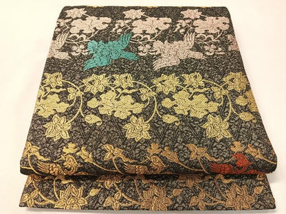 平和屋着物●六通柄袋帯　四季しまつづれ　飛鳥花文　黒地　金糸　正絹　逸品　未使用　CABI4378vp