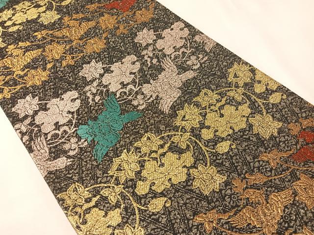 平和屋着物●六通柄袋帯　四季しまつづれ　飛鳥花文　黒地　金糸　正絹　逸品　未使用　CABI4378vp