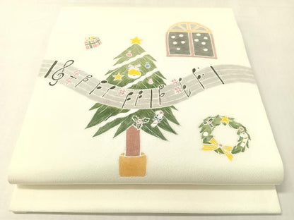平和屋着物●九寸開き名古屋帯　作家物　手描き　クリスマス　ツリー　リース　音符　正絹　逸品　CABI4383vp