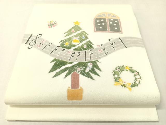 平和屋着物●九寸開き名古屋帯　作家物　手描き　クリスマス　ツリー　リース　音符　正絹　逸品　CABI4383vp
