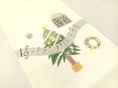 平和屋着物●九寸開き名古屋帯　作家物　手描き　クリスマス　ツリー　リース　音符　正絹　逸品　CABI4383vp