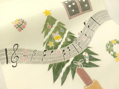 平和屋着物●九寸開き名古屋帯　作家物　手描き　クリスマス　ツリー　リース　音符　正絹　逸品　CABI4383vp