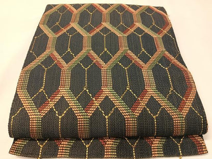 平和屋着物●八寸名古屋帯　網目文様　金糸　正絹　逸品　CABI4386vp