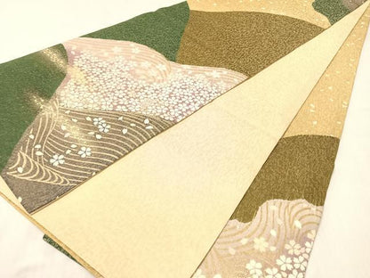 平和屋着物●十日町 名門青柳高級ブランド　大喜百花　全通柄袋帯　駒刺繍　立波舞桜　銀通し地　やまと誂製　正絹　逸品　CABI4390vp