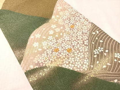 平和屋着物●十日町 名門青柳高級ブランド　大喜百花　全通柄袋帯　駒刺繍　立波舞桜　銀通し地　やまと誂製　正絹　逸品　CABI4390vp