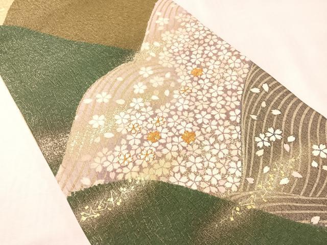 平和屋着物●十日町 名門青柳高級ブランド　大喜百花　全通柄袋帯　駒刺繍　立波舞桜　銀通し地　やまと誂製　正絹　逸品　CABI4390vp