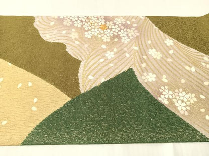 平和屋着物●十日町 名門青柳高級ブランド　大喜百花　全通柄袋帯　駒刺繍　立波舞桜　銀通し地　やまと誂製　正絹　逸品　CABI4390vp