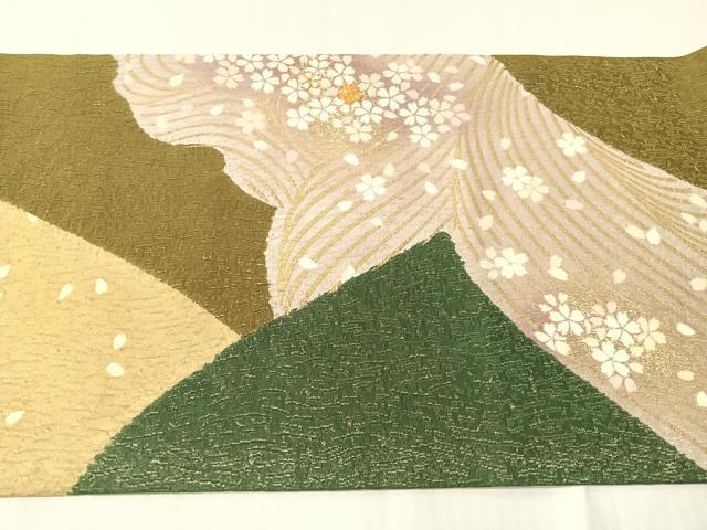 平和屋着物●十日町 名門青柳高級ブランド　大喜百花　全通柄袋帯　駒刺繍　立波舞桜　銀通し地　やまと誂製　正絹　逸品　CABI4390vp
