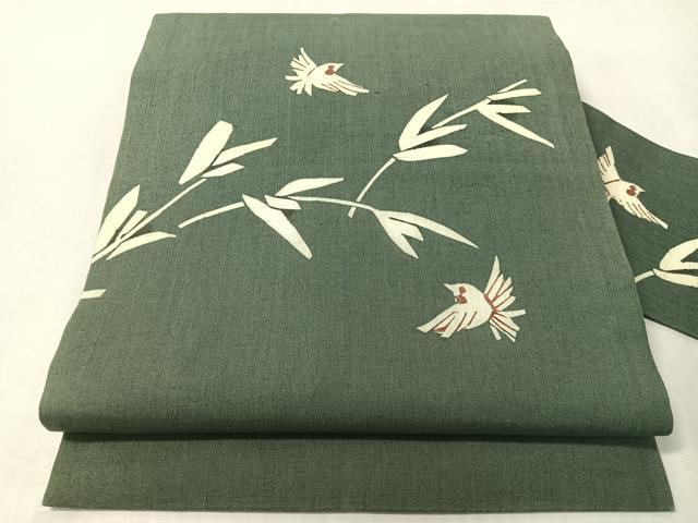 平和屋着物●九寸名古屋帯 紬地 型染め 草木飛鳥文 正絹 逸品 CABI4391vp